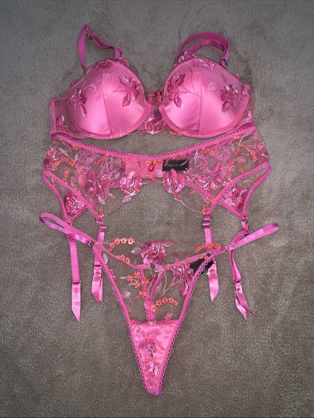 Honey Birdette Whitney Pink Embroidered Bra, Garter & Thong Set